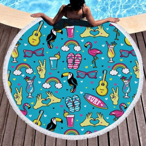 Funny Summer Element Microfiber Beach Towel Cartoon Sunglasses Slipper Skateboard Print Large Round Beach Towel For Adult