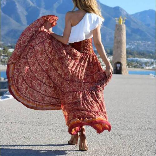 Bohemian Irregular Printed Colour Beach Elastic Pleated Skirt