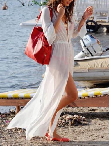 Sexy White Long Sleeve Chiffon Maxi Beach Dress Cover-up