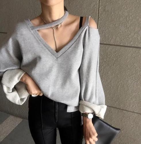 Casual V Neck Pure Colour Long Sleeve Sweater