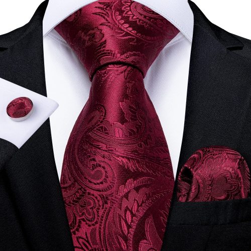 EBUYTIDE Men Tie Red Wine Paisley Design Silk Wedding Tie For Men Hanky Cufflink Tie Set Fashion Bussiness Party Dropshipping