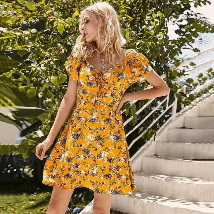 Women'S Printed Floral Square Collar Slim Fit Slim Holiday Casual Dress Yellow