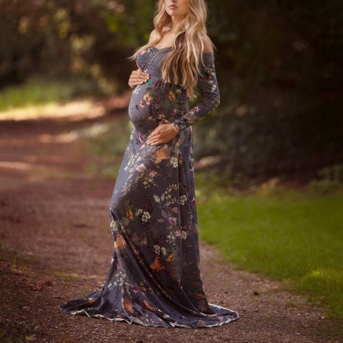 Maternity Off Shoulder Floral Print Floor-Length Dress