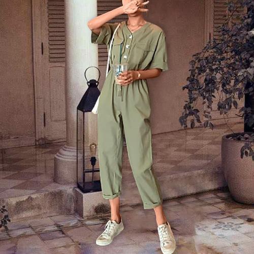 Commuting V Neck Pure Colour Elastic Single-Breasted Short Sleeve Jumpsuit