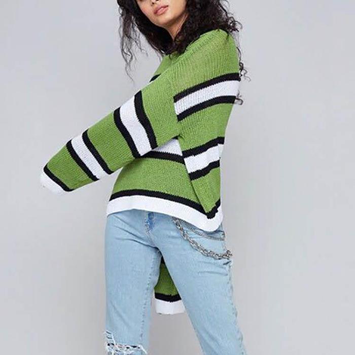 Green Stripes Round Collar Long Sleeve Sweater