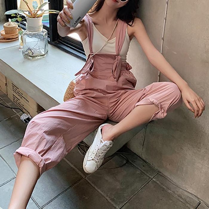 Casual Belted High-Waist Patch Pocket Pure Colour Sleeveless Jumpsuit