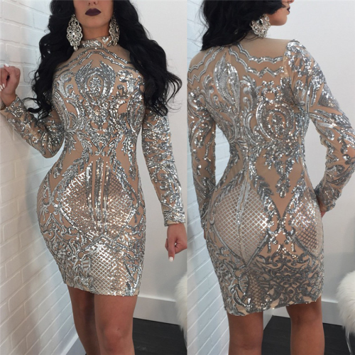 Sexy Sequined Long Sleeve Evening Dress