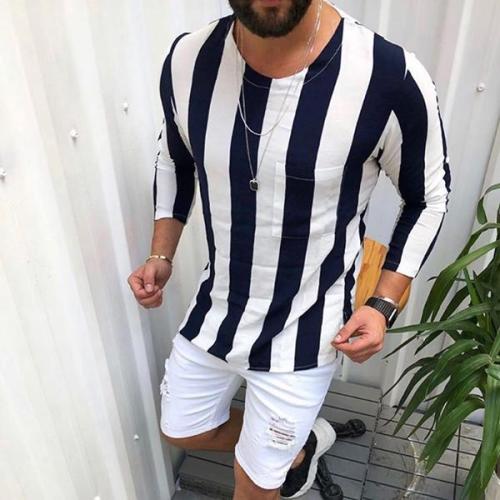 Men's Casual Round Collar Long-Sleeved Striped Shirt.