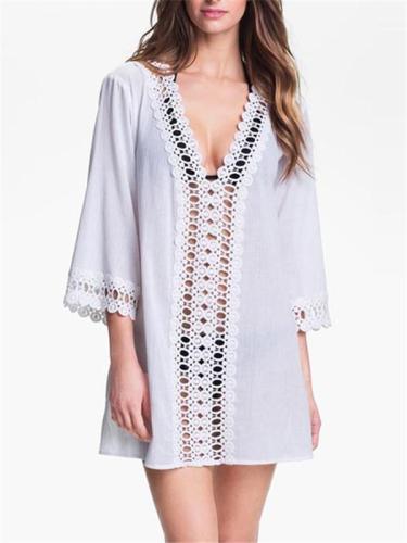 Deep V-neck Hook Flower Cut out Lace Beach Cover-up