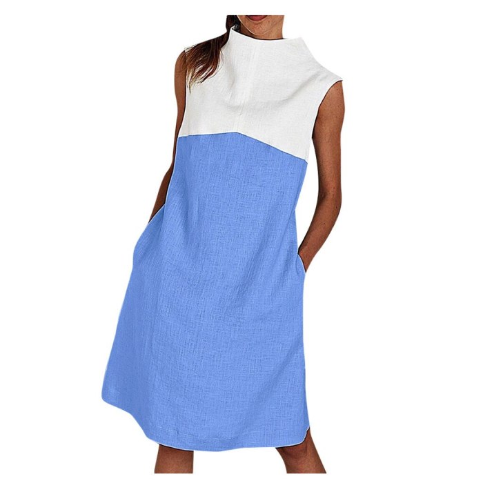 Womens Holiday O Neck Solid  Dress Ladies Summer Beach Party Dress Patchwork Sleeveless Elegant Casual Knee-Length Dress