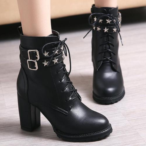 Rivets Hasp Lace Up Round Toe High Chunky Heels Short Boots