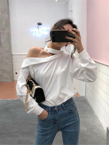 Fashion Retro Solid Color One Word Shoulder Strapless Long Sleeve Shirt