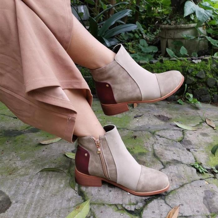 Women's Color Matching Side Zip Low Heel Boots