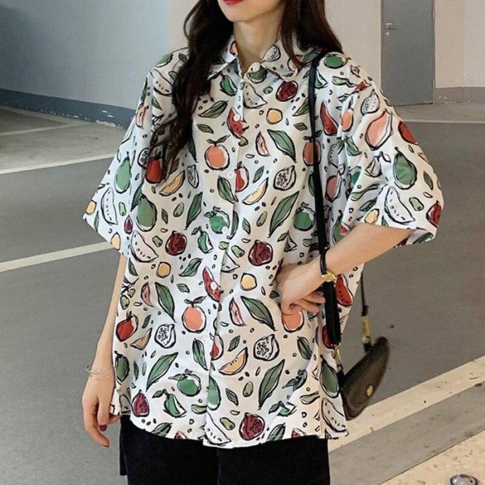 Women Loose Hip-hop Streetwear Shirt Beach Style Hawaii Print Button Down Harajuku Tops Oversized Blouse