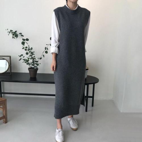 Fashion  Pure Color Long Knitted Vest Maxi Dress
