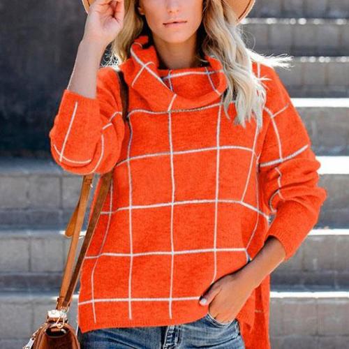 Loose Turtleneck Plaid Low High Pullover Sweater