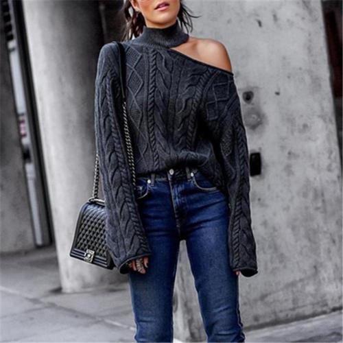 Twisted High Neck Pullover Off-The-Shoulder Knitted Sweater