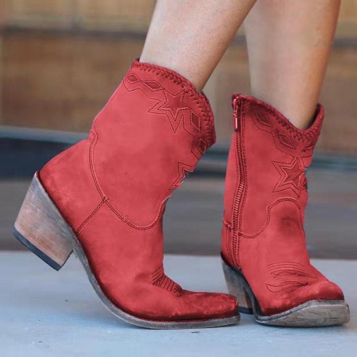 Retro Embroidery Zipper Ankle Boots