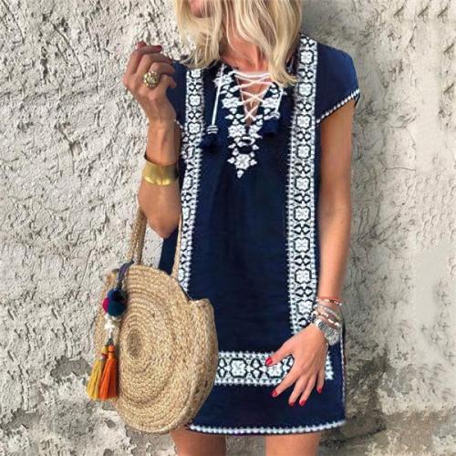 Short Sleeve Printed Lace Up Dress