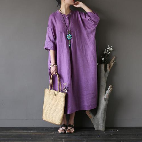 Cotton and Linen Solid Modest Dress