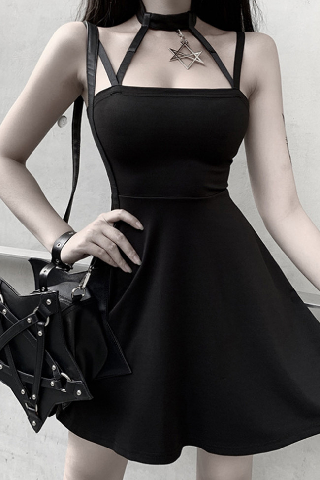 Punk Style Halter Black Mini Dress