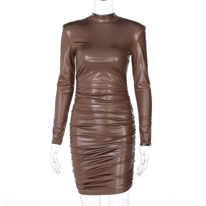 Pu Leather Mini Dress Ruched Turtleneck Bodycon Dress