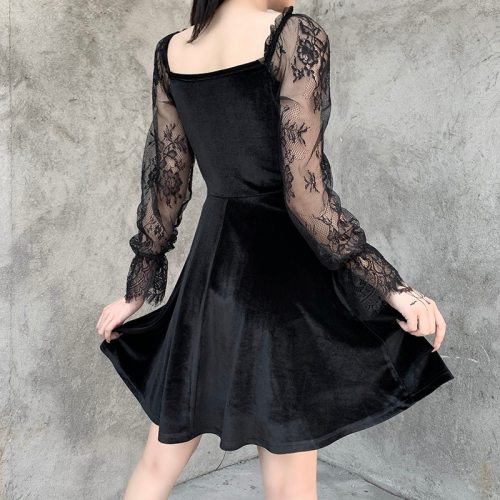 Women Vintage Lace Puff Sleeve Party Dress