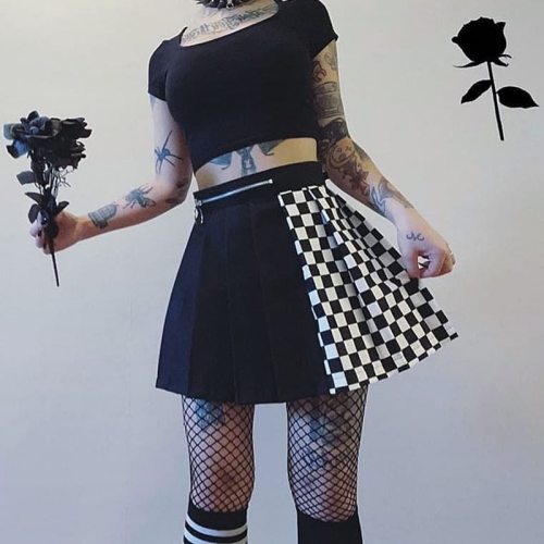 Gothic Patchwork Ribbons Pleated Mini Skirt