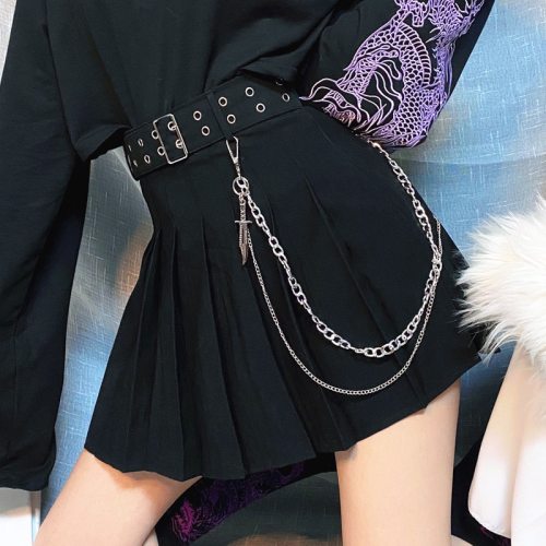 Jk Skirt Women Pleated Belt Chain Mini Skirt