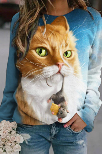 3D Cat Print Casual O-Neck Blouse Shirt