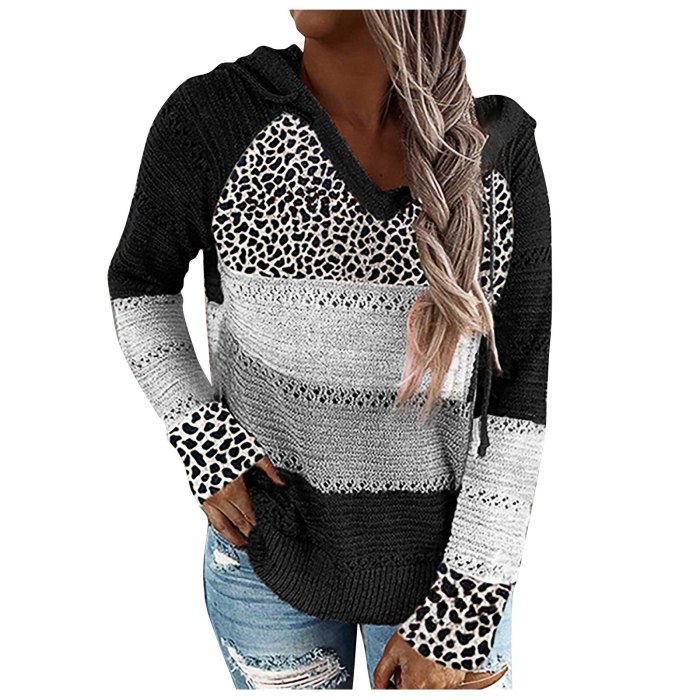 Women patchwork Hooded sweater V Neck Leopard Knitted Sweater