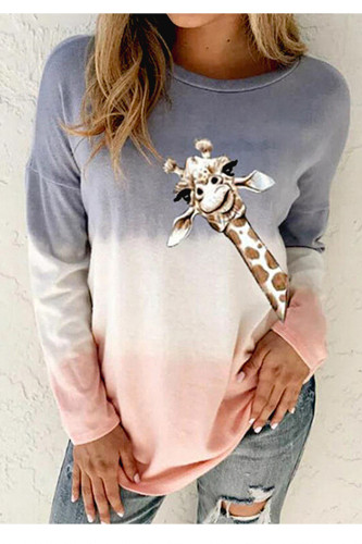 Women Leisure Casual T-shirt Giraffe Print Long Sleeve Top