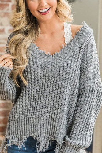 Off Shoulder Fringe Distressed Knitted Pullover Sweaters