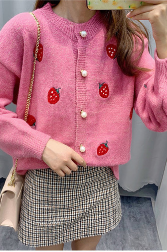 Oversize Cardigan Strawberry Embroidery Pearl Buttons Sweater