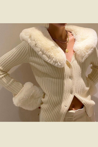 Y2K Fur Trim Cardigans Ribbed Knitted Ladies Sweaters