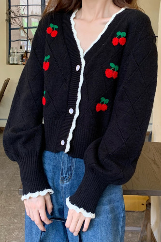 Embroidered Cardigans Puff Sleeve Cherry Sweaters