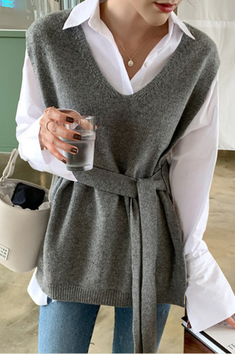 Kintting Sleeveless Vest Sweater with Belt Loose Pullover