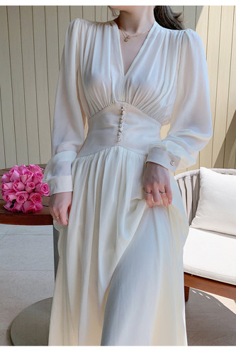 Elegant Long Sleeve Dress V-neck Loose Midi Dress