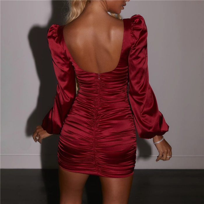 Satin Puff-Sleeve Ruched Dress Square Collar Bodycon Dresses