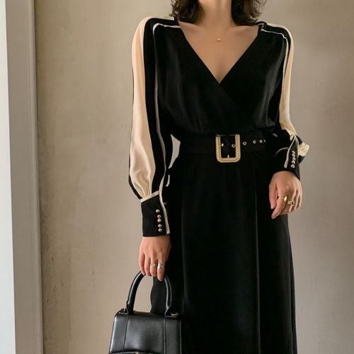 Casual Party Dress Long Sleeve V Neck Patchwork Dresses
