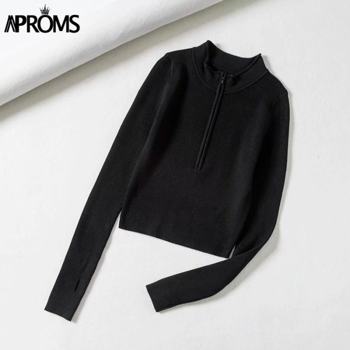 Zipper Front Knitted Sweater Basic Cropped Pullover