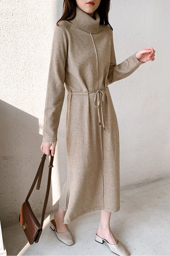 Turtleneck Loose Sweater Dress Knitted Sweaters Drawstring Dress