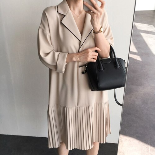 Elegant Notched Collar Pleated Loose Dresses
