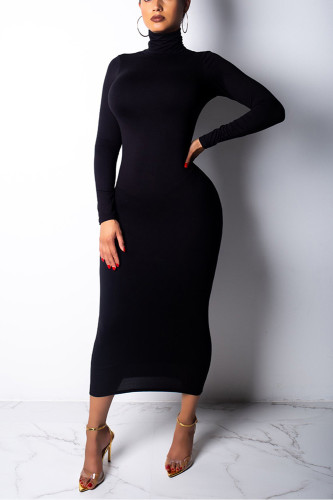 Long Sleeve Turtleneck Solid Casual Basic Bodycon Slim Dress
