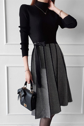 Turtleneck Geometry Patchwork  Knitted Sweater Dress