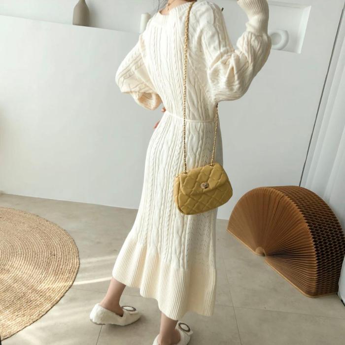 Long Sleeve Tie Up Knitted Sweater Dresses