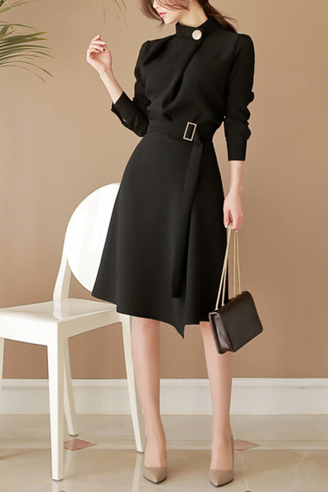Women Slim Stand Neck Casual Sashes Button Dresses