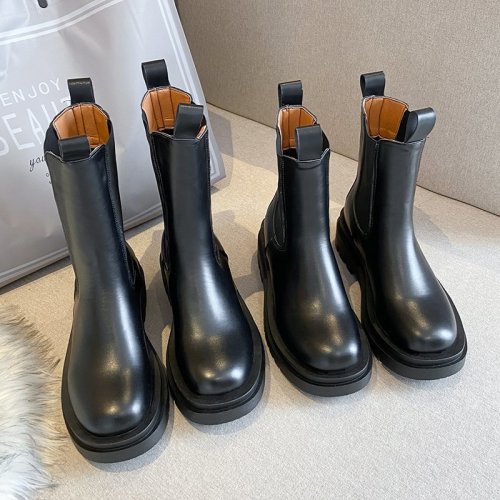 Chunky Boots Women Winter Shoes PU Leather Plush Ankle Boots Black Female Autumn Chelsea Boots Fashion Platform Booties