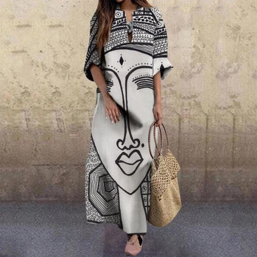 Women Casual Boho Fashion Print Dress V-Neck Big Swing Half Sleeve Maxi Dress