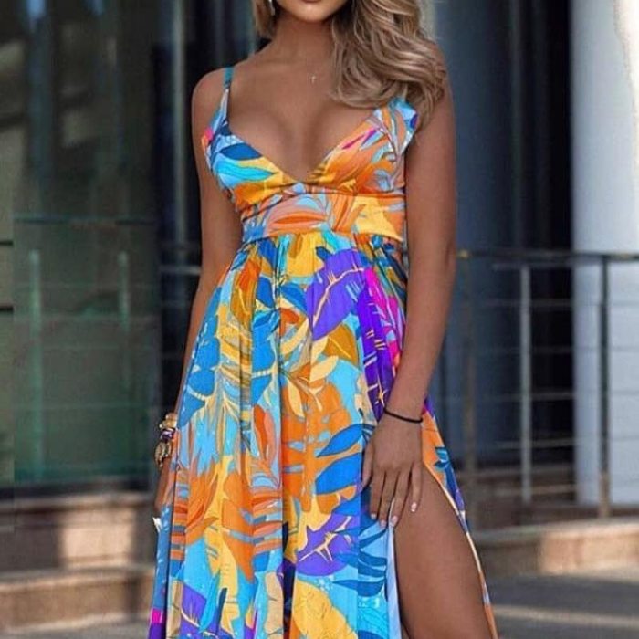 Bohemia Style Dress Women Summer Deep V Neck Cut Out Long Dresses Floral Print Sleeveless High Waist Split Maxi Dress Plus Size